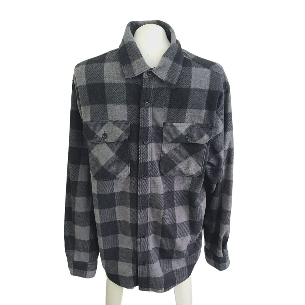 Wrangler Authentics Mens Gray Black Buffalo Plaid Fleece Shirt Jacket Size M